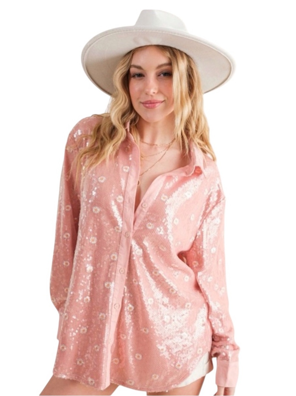NEW blue b Coral Pink Allover Clear Sequin Embroidered Daisy Button Up Blouse
